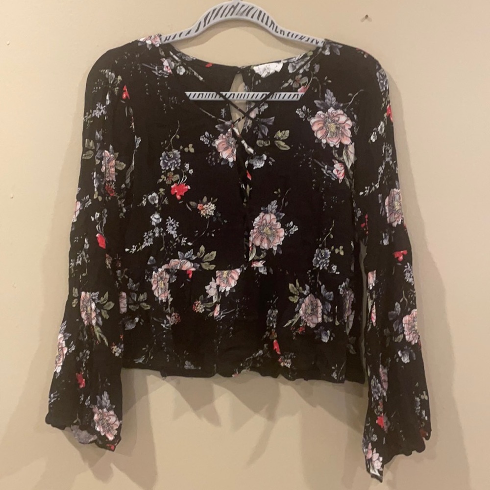 Floral Peplum Blouse with Criss Cross Detailing